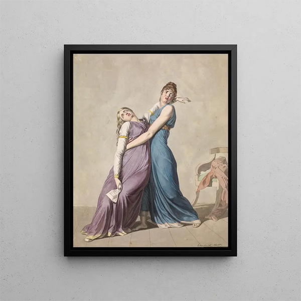 a painting of a woman supporting another woman who has fainted while reading a letter - Christoffer Wilhelm Eckersberg — framed artwork on a wall