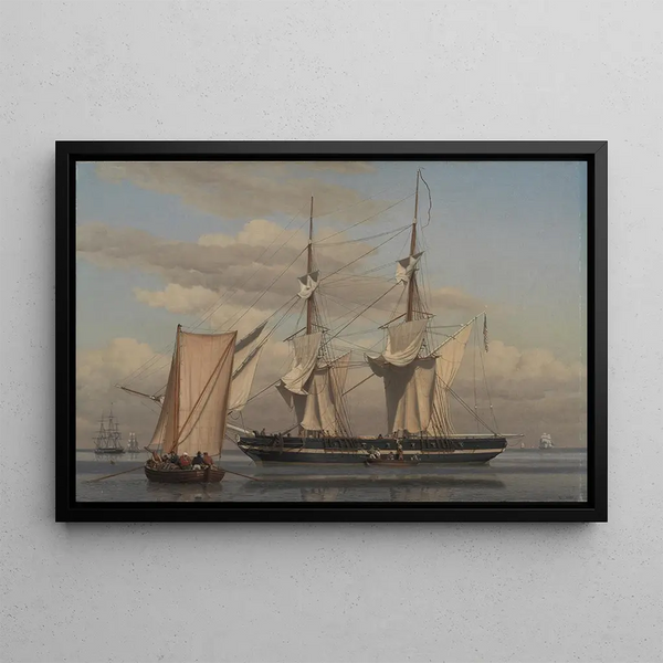 an American sailing schooner at anchor while her sails dry - Christoffer Wilhelm Eckersberg — framed artwork on a wall