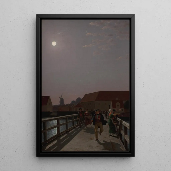 Reproduction of the painting Langebro Copenhagen by moonlight with moving figures - Christoffer Wilhelm Eckersberg