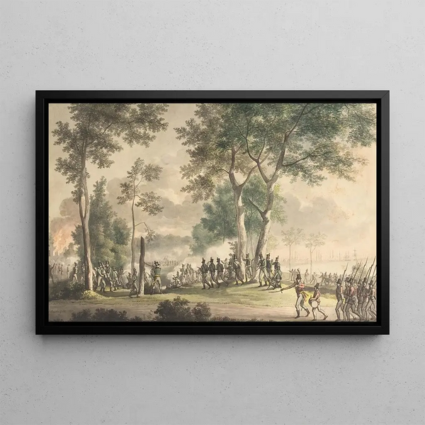 "Sortie des chasseurs à pied dans le jardin de Classen, 31 août 1807" by Christoffer Wilhelm Eckersberg — framed artwork on a wall
