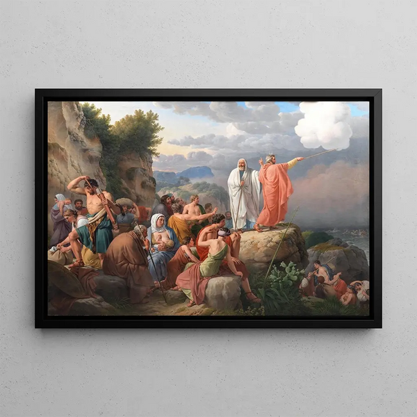 Moses parting the Red Sea and Pharaoh's army being overwhelmed - Christoffer Wilhelm Eckersberg — framed artwork on a wall