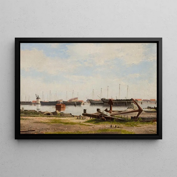 Partie de Nyholm avec la grue et quelques navires de guerre - Christoffer Wilhelm Eckersberg — framed artwork on a wall