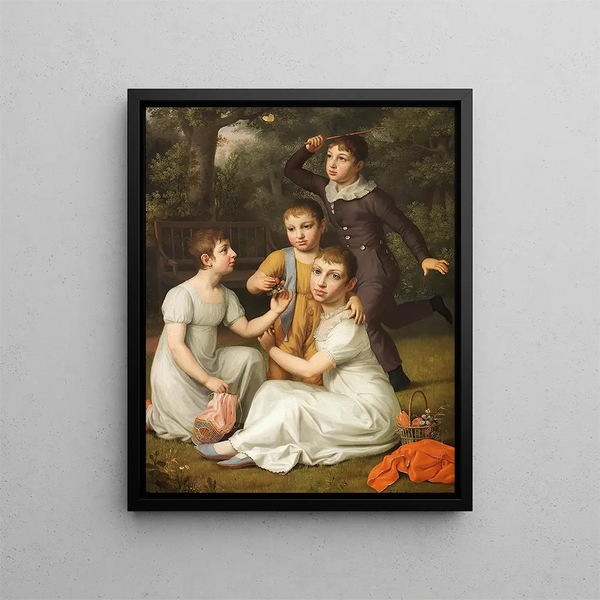 Portrait of the owner of the Chamberlain plantation and vice-governor of the Antilles. The four children of Søbøtker painted in the garden of Hummeltofte - Christoffer Wilhelm Eckersberg — framed artwork on a wall