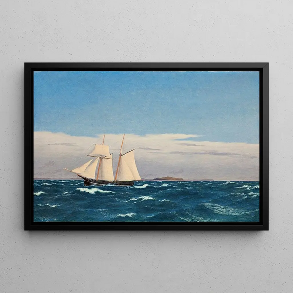 Marine landscape painting with the island of Hjelm and the Jutland coast - Christoffer Wilhelm Eckersberg — framed artwork on a wall