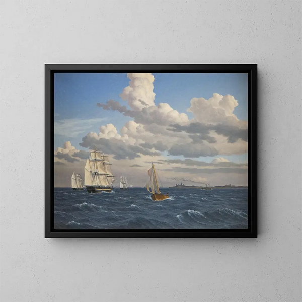 Boats in the Sound north of Kronborg Castle in Elsinore - Christoffer Wilhelm Eckersberg — framed artwork on a wall