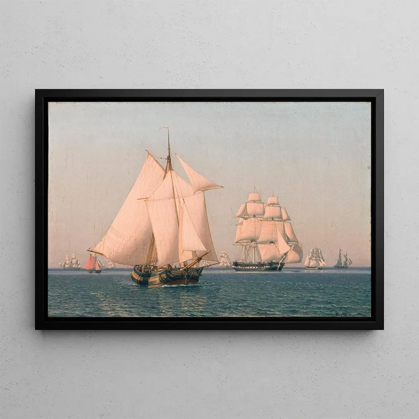 Ships under sail with a light breeze on a clear summer afternoon - Christoffer Wilhelm Eckersberg — framed artwork on a wall