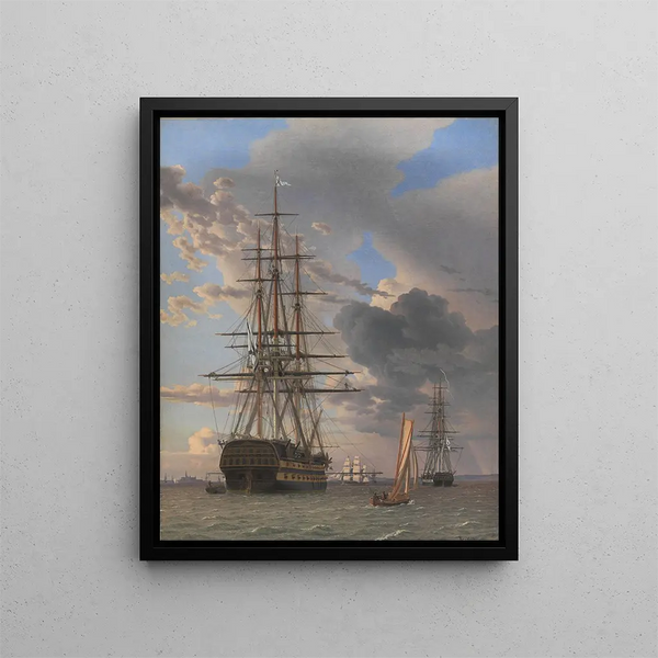 the Russian battleship Asow and a frigate at anchor near Elseneur - Christoffer Wilhelm Eckersberg — framed artwork on a wall