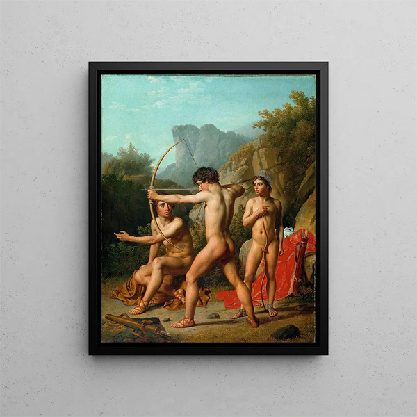 Three Spartan Boys Training in Archery - Christoffer Wilhelm Eckersberg — framed artwork on a wall
