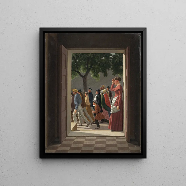 View through a door on running characters - Christoffer Wilhelm Eckersberg — framed artwork on a wall