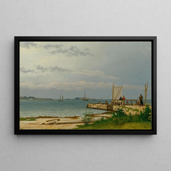 View towards Koster from the quay at Kallehave - Christoffer Wilhelm Eckersberg — framed artwork on a wall