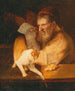 an old man holding a letter with a cat on a ledge - Christoph Paudiss — artwork view