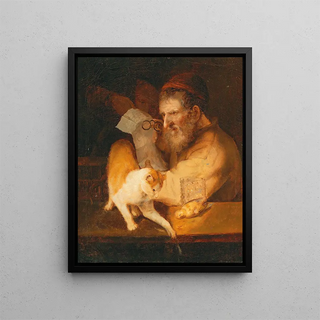 an old man holding a letter with a cat on a ledge - Christoph Paudiss — framed artwork on a wall
