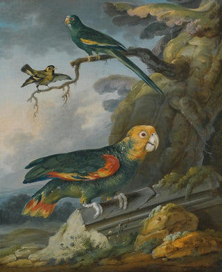 A parrot and a goldfinch at the foot of a tree - Christophe Huet — artwork view