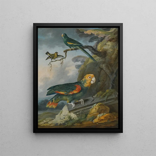 A parrot and a goldfinch at the foot of a tree - Christophe Huet — framed artwork on a wall