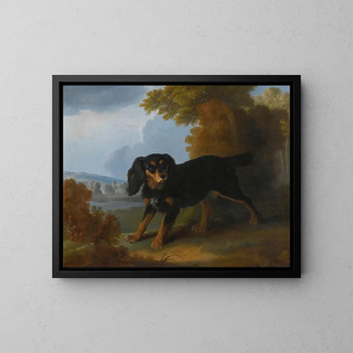 Portrait of a King Charles Spaniel in a landscape - Christophe Huet — framed artwork on a wall