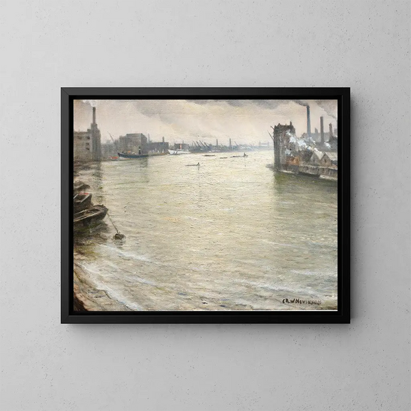 The Thames view towards the Tower of London - Christopher R W Nevinson — framed artwork on a wall