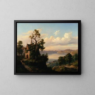 Landscape with a Lake and a Gothic Church - Chrystian Breslauer — framed artwork on a wall