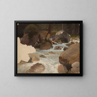 Mountain Stream Sketch Painting in the Forest - Chrystian Breslauer — framed artwork on a wall