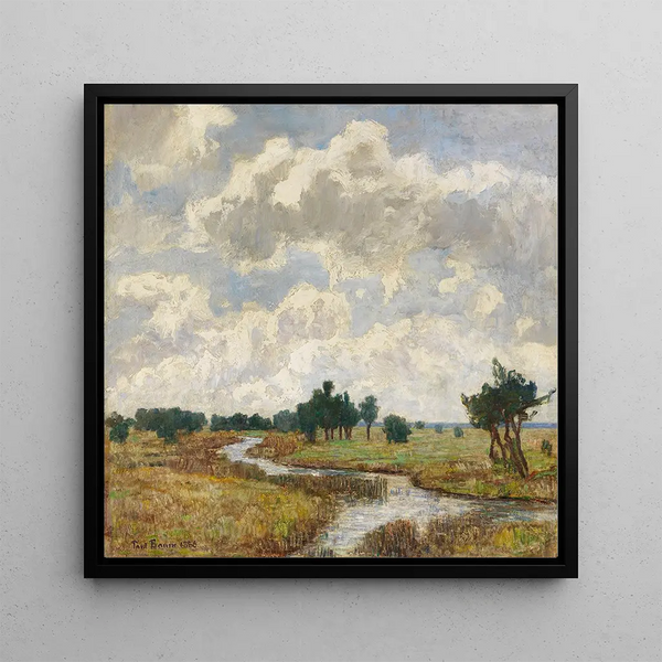 Sunny and cloudy sky above marshy meadows with a stream - Paul Baum — framed artwork on a wall