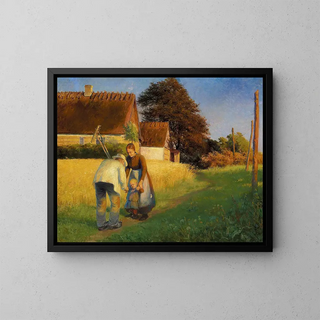 A little girl salutes a worker returning home - Cilius Andersen — framed artwork on a wall