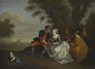 an elegant outdoor sitting company with a couple looking at a bird's nest - Circle of Bonaventure de Bar — artwork view