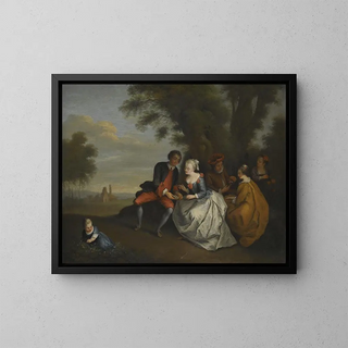 an elegant outdoor sitting company with a couple looking at a bird's nest - Circle of Bonaventure de Bar — framed artwork on a wall
