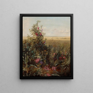 Wildflowers in a Vast Landscape - Circle of Fidelia Bridges — framed artwork on a wall