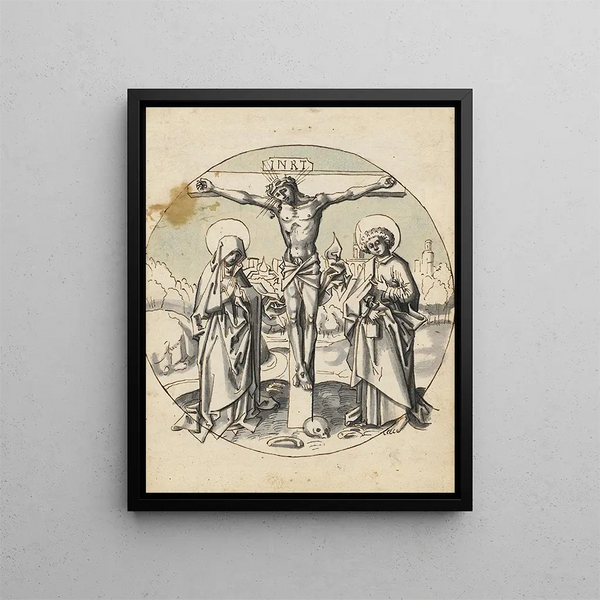 Crucifixion of Christ with Mary and John - Circle of Hans Holbein the Elder — framed artwork on a wall