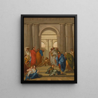 Saint Pierre guérissant le paralytique à la porte du Temple - Cercle de Nicolas Vleughels — framed artwork on a wall