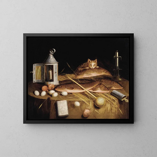 Kitchen Still Life with Fish and Cat - Cercle of Sébastian Stoskopff — framed artwork on a wall