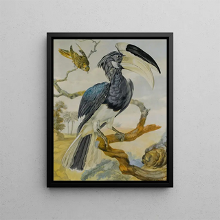 a shoebill and another bird on a branch - Circle of Aert Schouman — framed artwork on a wall