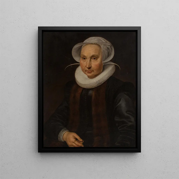 Portrait of Anna Jacobsdr Blaeu, wife of Cornelis Pietersz Hooft - Circle of Cornelis Pietersz van der Voort — framed artwork on a wall