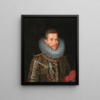 Portrait painting of Archduke Albert of Austria 1559-1621 in armor - Circle of Frans Pourbus II — framed artwork on a wall