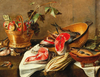 Nature morte with fruits in a copper container, fish, and game - Circle of Frans Ykens — artwork view