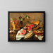 Nature morte with fruits in a copper container, fish, and game - Circle of Frans Ykens — framed artwork on a wall