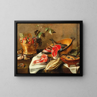 Nature morte with fruits in a copper container, fish, and game - Circle of Frans Ykens — framed artwork on a wall