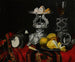 a Still life with a wine glass in the shape of a Venetian snake, a silver container, a piece of sugar, and lemons on a pewter plate, all on a draped table. - Circle of Georg Hinz — artwork view
