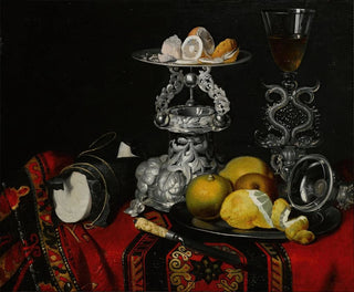 a Still life with a wine glass in the shape of a Venetian snake, a silver container, a piece of sugar, and lemons on a pewter plate, all on a draped table. - Circle of Georg Hinz — artwork view