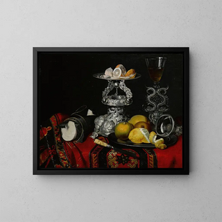 a Still life with a wine glass in the shape of a Venetian snake, a silver container, a piece of sugar, and lemons on a pewter plate, all on a draped table. - Circle of Georg Hinz — framed artwork on a wall