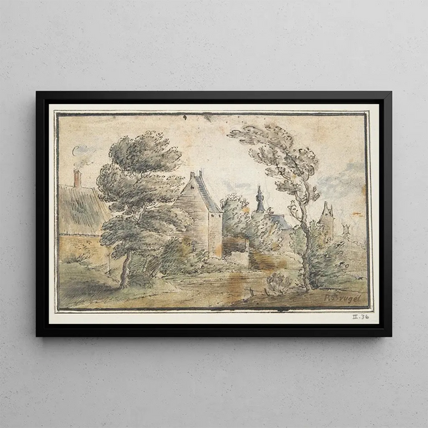 Trees and houses with castle in the distance - Cercle de Gillis Neyts — framed artwork on a wall
