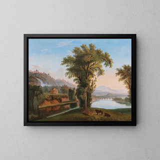 a vast landscape with a view of the Tivoli waterfalls - Circle of Jacob Philipp Hackert — framed artwork on a wall