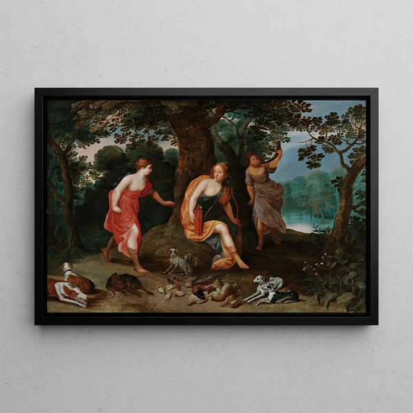 Diane and her nymphs surrounded by the spoils of the hunt - Circle of Jan Brueghel the Younger — framed artwork on a wall