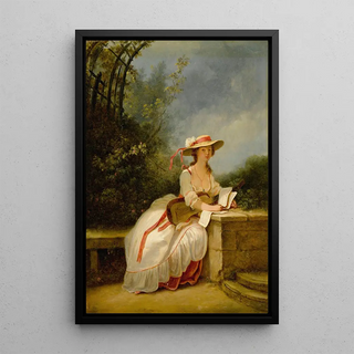 a lady sitting in a garden with a guitar and music - Circle of Jean-Frédéric Schall — framed artwork on a wall