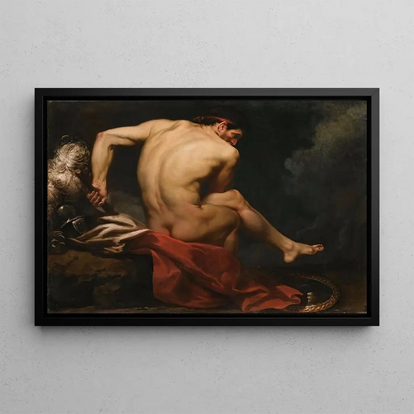 a naked warrior sitting on a rock next to his shield and feathered helmet - Circle of Jean-Germain Drouais — framed artwork on a wall
