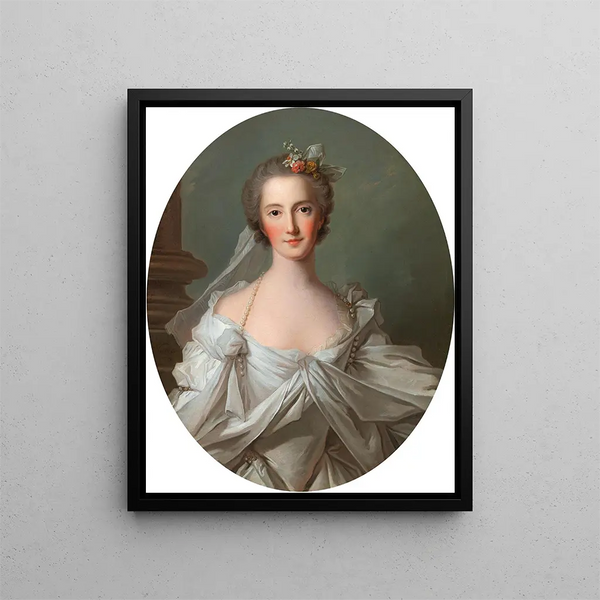 Portrait of an elegant lady in an ivory-colored dress - Circle of Jean-Marc Nattier — framed artwork on a wall