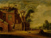 Rural landscape painting with a hen in front of a cottage with a dovecote - Circle of Joachim Govertsz Camphuysen — artwork view
