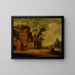 Rural landscape painting with a hen in front of a cottage with a dovecote - Circle of Joachim Govertsz Camphuysen — framed artwork on a wall