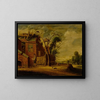Rural landscape painting with a hen in front of a cottage with a dovecote - Circle of Joachim Govertsz Camphuysen — framed artwork on a wall