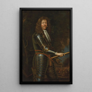 Portrait of a man in armor - Circle of John Michael Wright — framed artwork on a wall