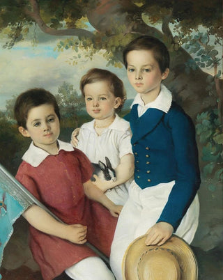 Portrait painting of three children with a rabbit - Circle of Joseph Weidner — artwork view